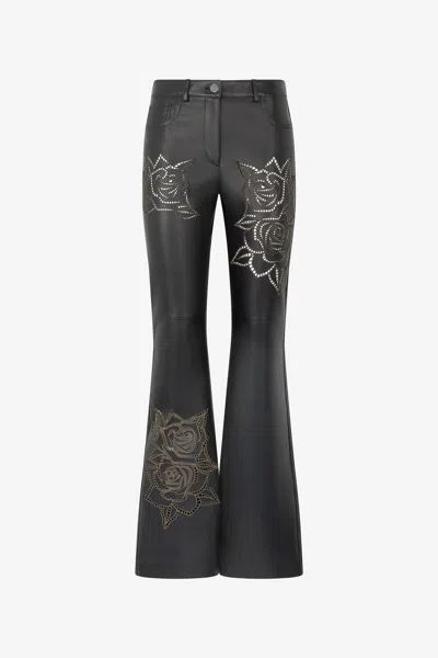 Roberto Cavalli Leather Pants With Perforated Roses In Black