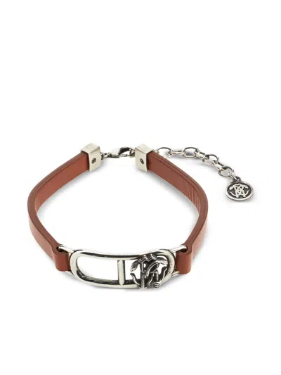 Roberto Cavalli Leather Rc Monogram-detail Bracelet In Brown