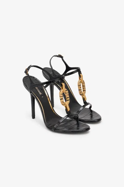 Roberto Cavalli Leather Sandal With Jewel Detail In Black