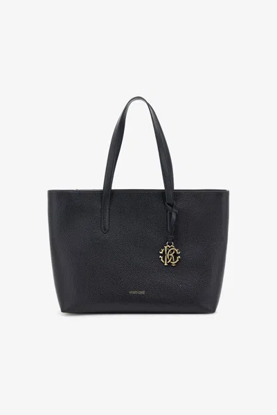 Roberto Cavalli Leather Shopper Bag With Rc Charm In Black
