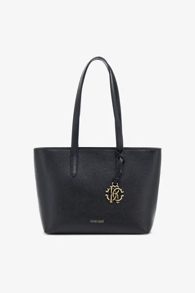 Roberto Cavalli Leather Shopper Bag With Rc Charm In Black