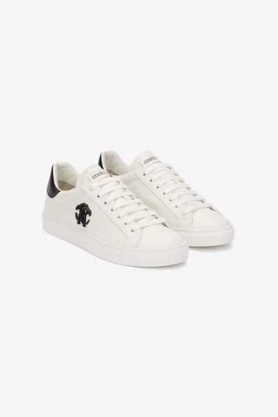 Roberto Cavalli Leather Sneaker With Monogram Rc In White