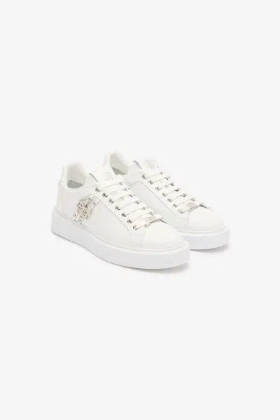 Roberto Cavalli Leather Sneakers With Golden Details In White
