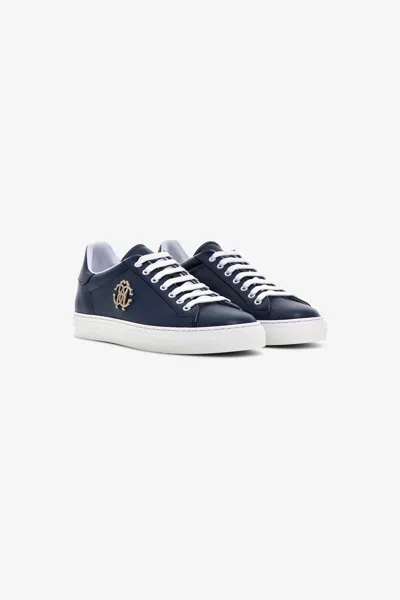 Roberto Cavalli Leather Trainers With Logo In Dark Blue