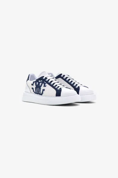 Roberto Cavalli Leather Sneakers With Logo In White/navy