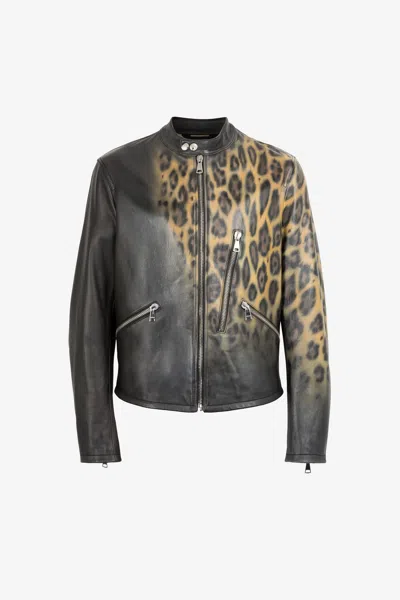 Roberto Cavalli Leopard Print Leather Bomber Jacket