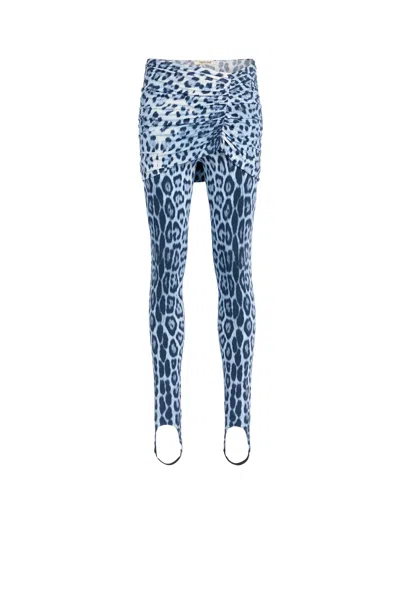 Roberto Cavalli Heritage Jaguar Print Gathered Leggings In Blue