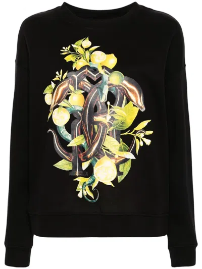 Roberto Cavalli Lemon And Snake-print Cotton Sweatshirt In Black
