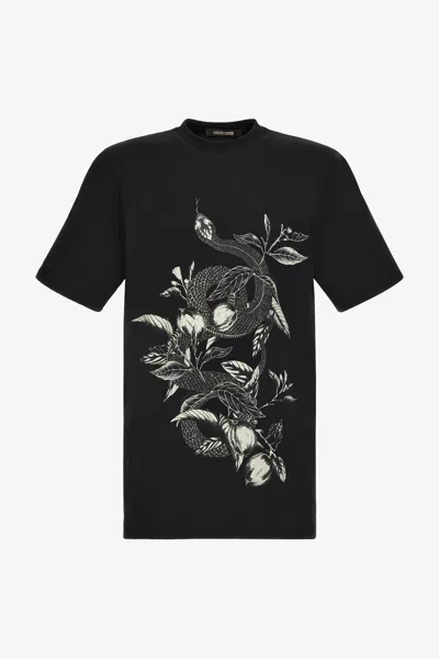 Roberto Cavalli Lemon And Snake Print T-shirt In Black