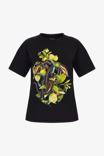 Roberto Cavalli Lemon And Snake Print T-shirt In Black