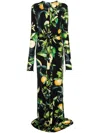 Roberto Cavalli Printed Viscose Jersey Draped Maxi Dress In 05051 Black Leamon Print