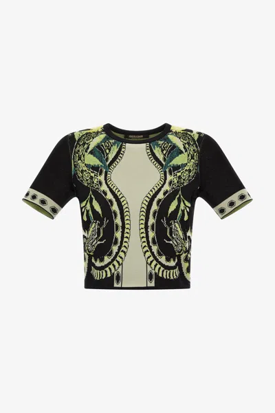 Roberto Cavalli Lemon-print Jacquard Cropped Top In Black