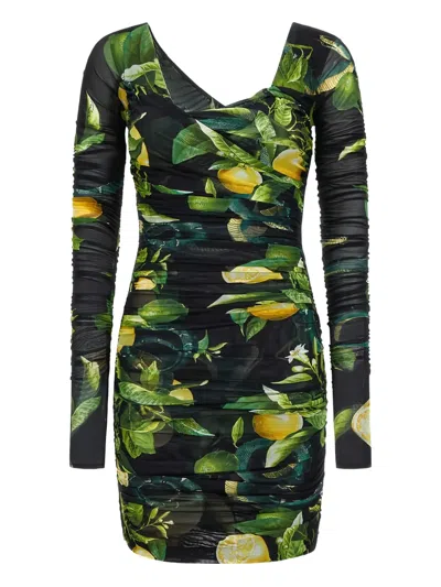 Roberto Cavalli Lemon-print Ruched Mini Dress In Green