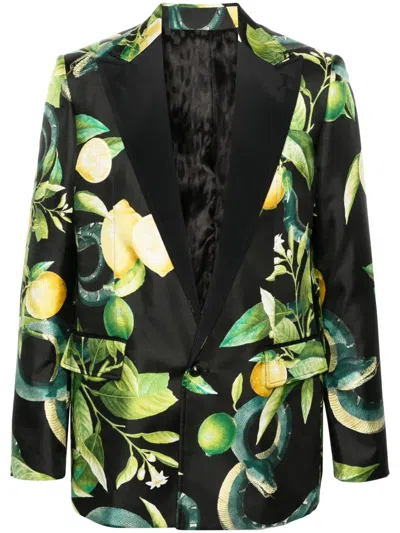 Roberto Cavalli Lemon-print Silk Blazer In Black