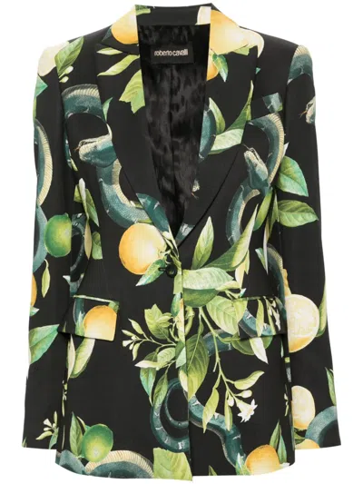 Roberto Cavalli Lemon-print Single-breasted Blazer In Black