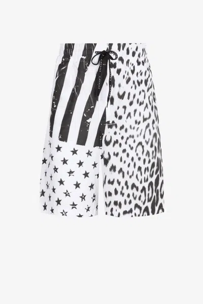 Roberto Cavalli Leopard Flag-print Track Shorts In Black/white