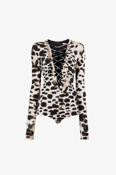 Roberto Cavalli Leopard Print Bodysuit In Ivory