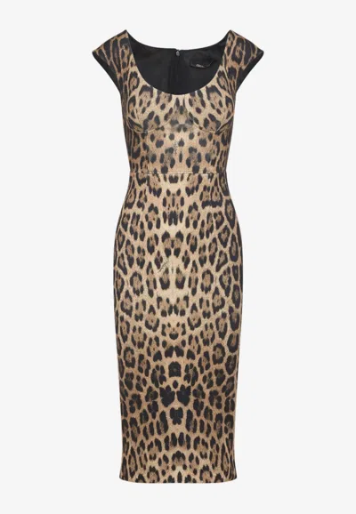 Roberto Cavalli Leopard Print Bustier Midi Dress In Brown