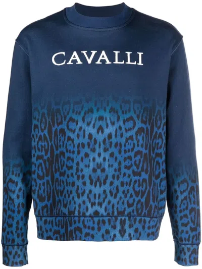 Roberto Cavalli Leopard Print Cotton Sweatshirt In Blau