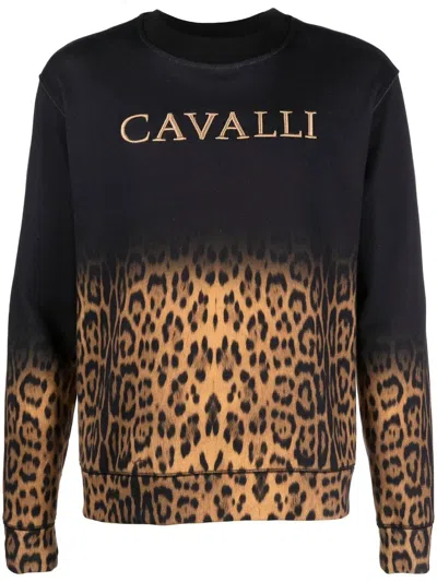 Roberto Cavalli Leopard Print Cotton Sweatshirt In Schwarz