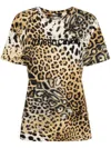 Roberto Cavalli Leopard-print Cotton T-shirt In 褐色