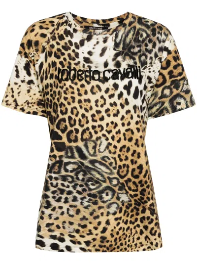 Roberto Cavalli Leopard-print Cotton T-shirt In 褐色