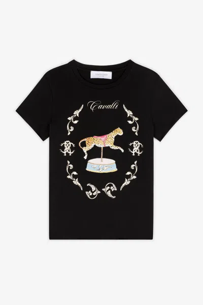 Roberto Cavalli Leopard-print Cotton T-shirt In Black