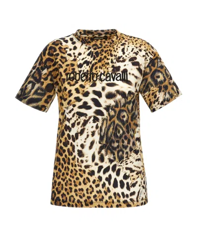 Roberto Cavalli Leopard-print Cotton T-shirt In Light Brown