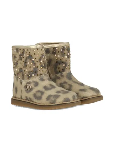 Roberto Cavalli Kids' Leopard-print Crystal-embellished Boots In Brown