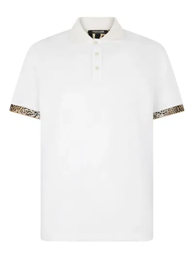 Roberto Cavalli Leopard-print Cuff Polo Shirt In White