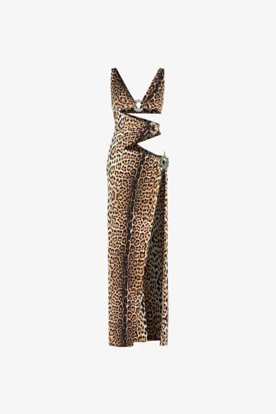 Roberto Cavalli Leopard-print Cut-out Maxi Dress In Light Brown