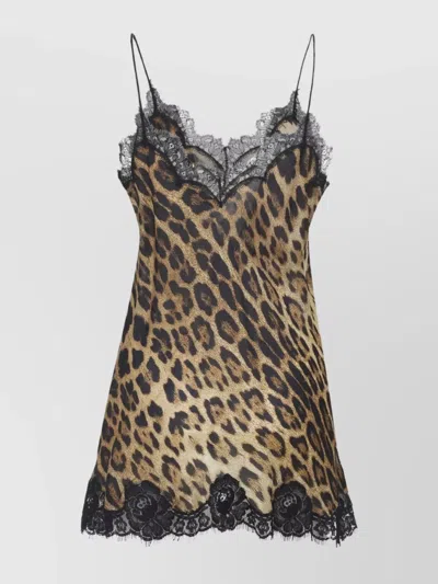ROBERTO CAVALLI LEOPARD PRINT DRESS LACE TRIM SPAGHETTI STRAPS