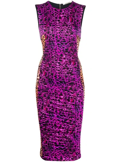 Roberto Cavalli Leopard-print Fitted Dress In Purple
