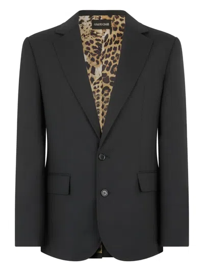 Roberto Cavalli Leopard-print Lining Wool Blazer In Black