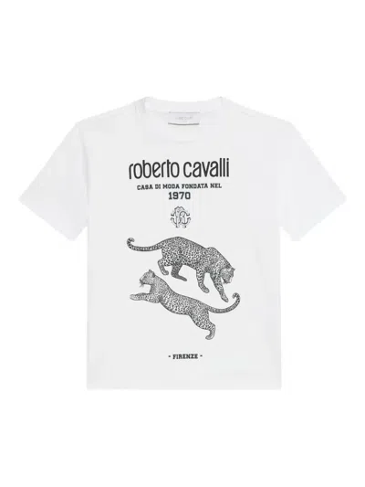 Roberto Cavalli Kids' Leopard-print Logo T-shirt In White