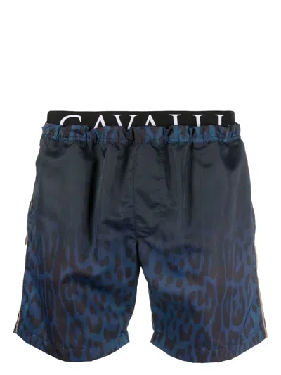 Roberto Cavalli Leopard Print Logo-waistband Swim Shorts In Blau