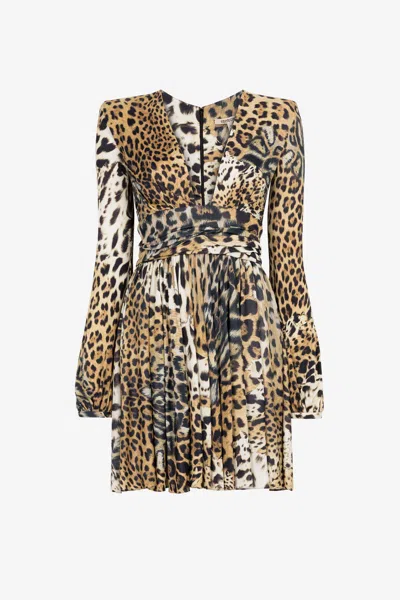 Roberto Cavalli Leopard-print Long-sleeve Midi Dress In Light Brown