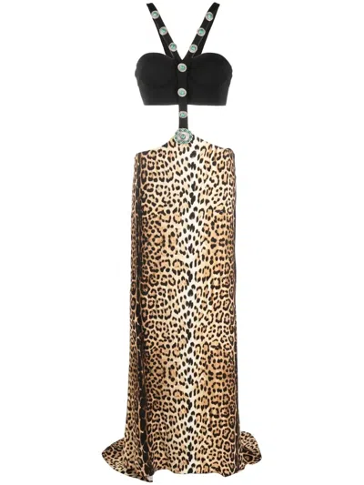 Roberto Cavalli Leopard-print Panelled Maxi Dress In Black