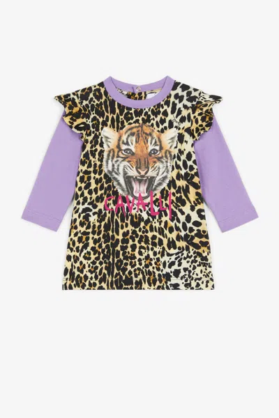 Roberto Cavalli Leopard-print Ruffled Dress In Purple