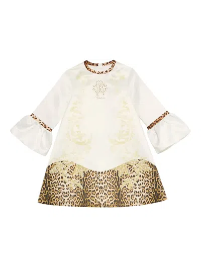 Roberto Cavalli Kids' Leopard-print Ruffled Dress In White