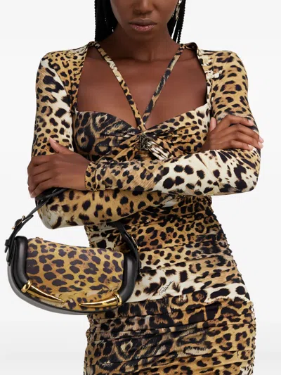 Roberto Cavalli Leopard-print Shoulder Bag In Brown