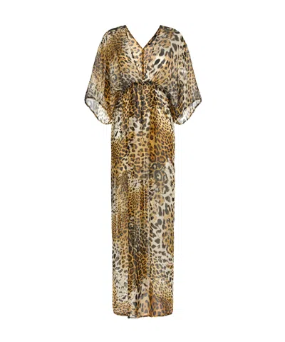 Roberto Cavalli Leopard-print Silk Beach Dress In Brown