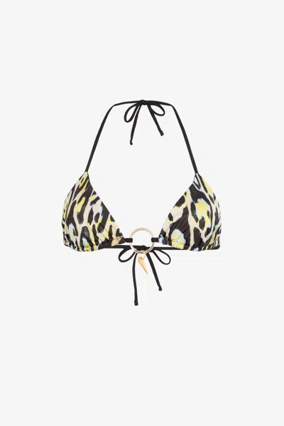 Roberto Cavalli Leopard-print Teeth-pendant Bikini Top In Multicolor