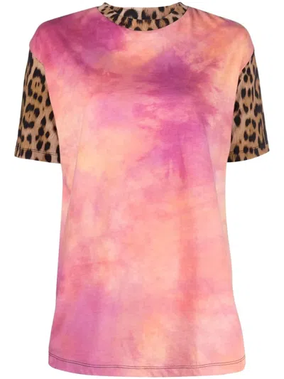 Roberto Cavalli Leopard-print Tie-dye Panelled T-shirt In Pink
