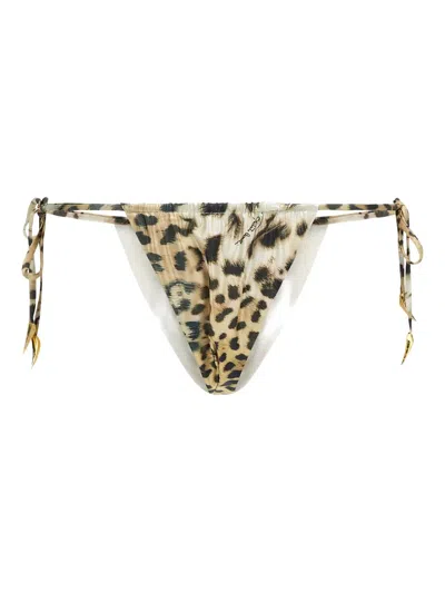 Roberto Cavalli Leopard-print Tie-side Biquini Button In Brown