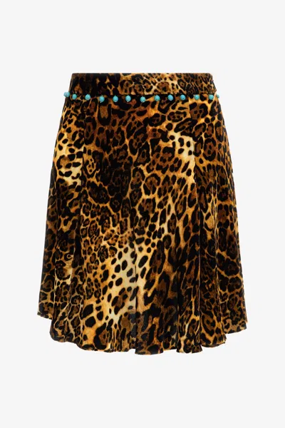 Roberto Cavalli Leopard Print Velvet Skirt In Dark Brown