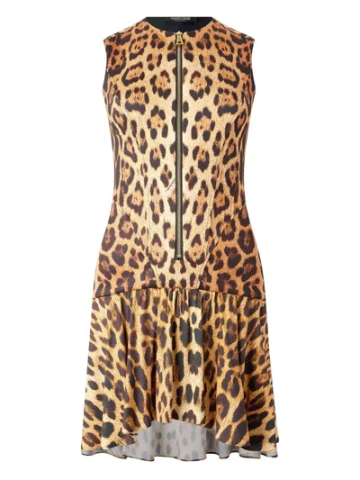 Roberto Cavalli Leopard-print Zip-front Minidress In Brown