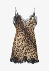Roberto Cavalli Animalier Silk Mini Dress With Scalloped Lace Trim In Multi