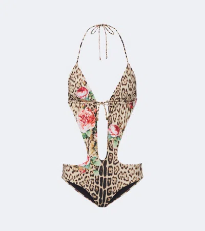 Roberto Cavalli Leopard-print Cutout Swimsuit In Sand