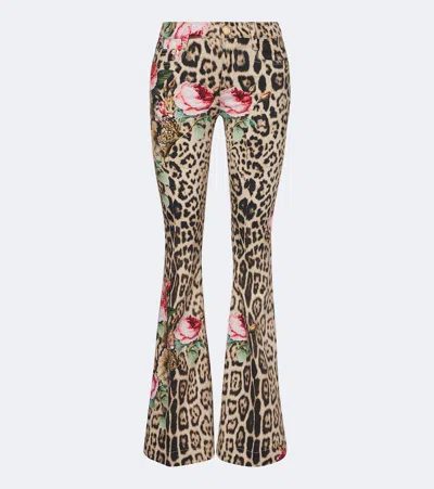 Roberto Cavalli Leopard-print Floral Flared Jeans In Sand